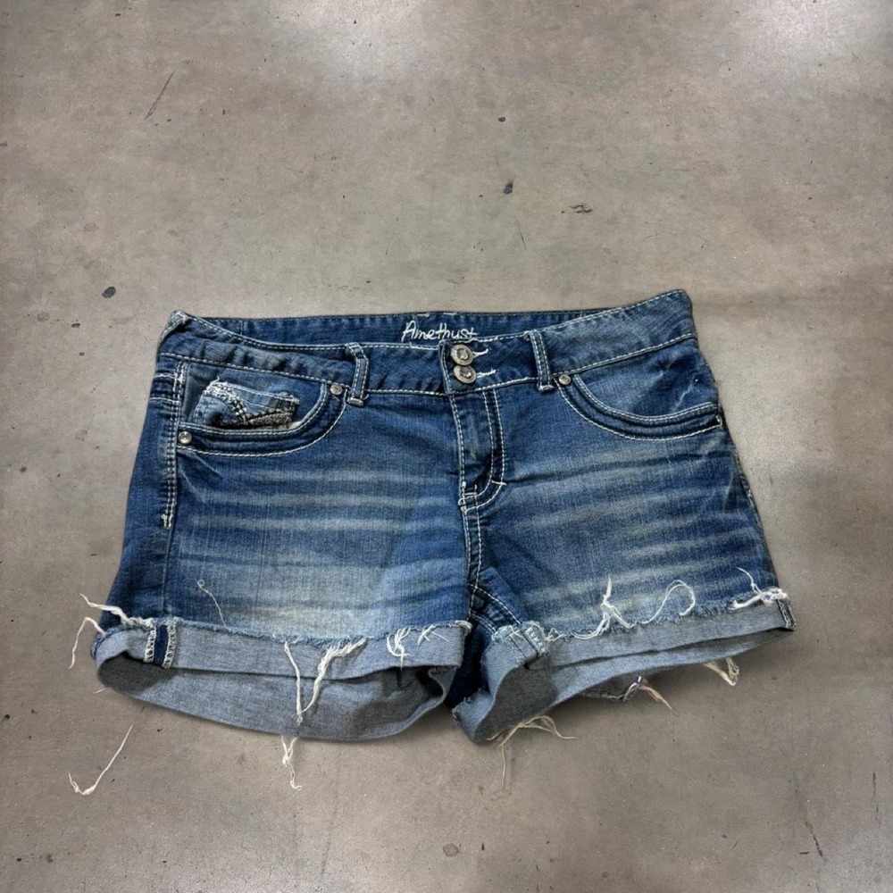 Amethyst Blue Denim Mini Shorts Womens 11 Y2K Embroidered Frayed Low Rise